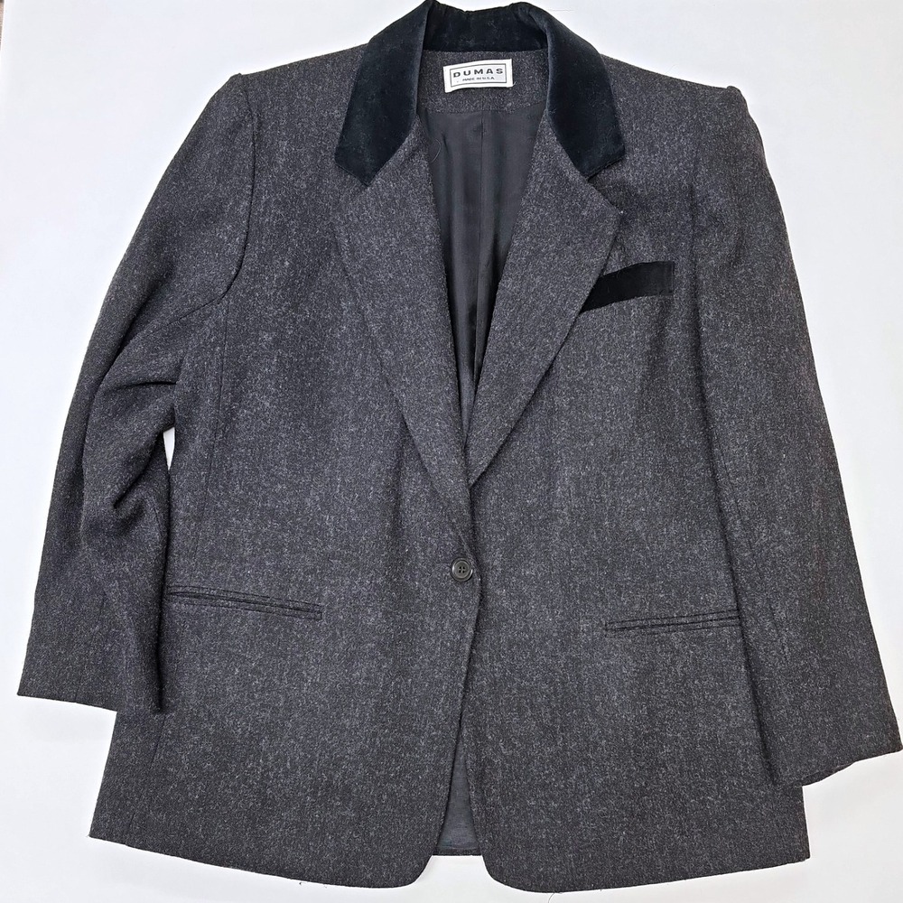 Dumas Vintage Womens 16 Gray Wool Blend Blazer Velvet‎ Collar Made in USA Jacket